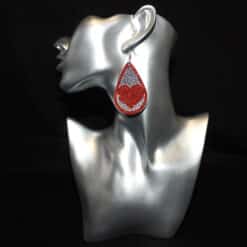 Red Glitter and Silver Embossed Faux Leather Heart Teardrop Earrings - Head