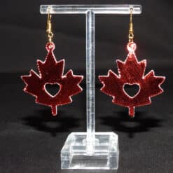 Red Glitter with Heart Cutout Faux Leather Maple Leaf Earrings - Back