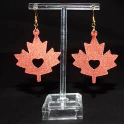 Red Glitter with Heart Cutout Faux Leather Maple Leaf Earrings - Front