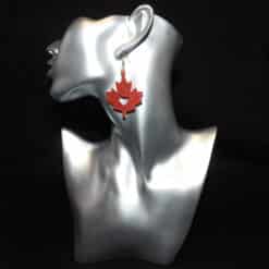 Red Glitter with Heart Cutout Faux Leather Maple Leaf Earrings - Head