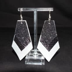 Silver & Gray Embossed and Black Glitter Faux Leather Kite Earrings - Front