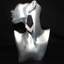 Silver & Gray Embossed and Black Glitter Faux Leather Kite Earrings - Head