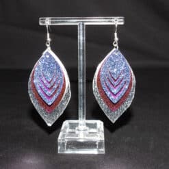 Silver & Magenta Faux Leather & Blue Glitter Stagged Earrings - Front