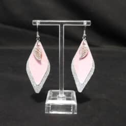Silver & Pink Glitter Faux Leather with Gold Leaf Charm Rounded Diamond Earrings - Front