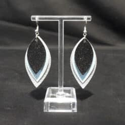 Silver & Teal Faux Leather & Black Glitter Stagged Earrings - Front
