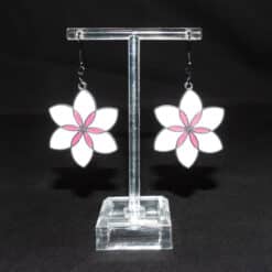 White, Black and Plum Matte PLA 3D Printed Flower Earrings - Front