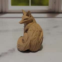 Carved Wood-Style Sitting Fox Sculpture - Back
