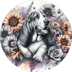Basset Hound in Flowers Round Earrings - Render