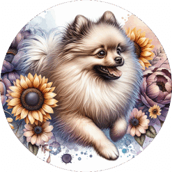 Beige Pomeranian in Flowers Round Earrings - Render