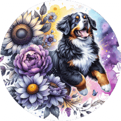 Bernese Mountain Dog in Flowers Round Earrings - Render