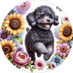 Black Poodle in Flowers Round Earrings - Render