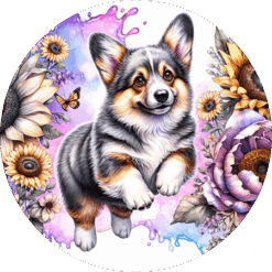 Cardigan Welsh Corgi in Flowers Round Earrings - Render