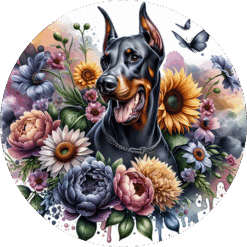 Doberman Pinscher in Flowers Round Earrings - Render