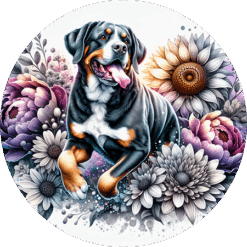 Greater Swiss Mountain Dog in Flowers Round Earrings - Render