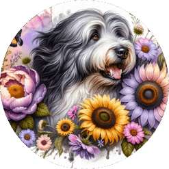 Old English Sheepdog in Flowers Round Earrings - Render