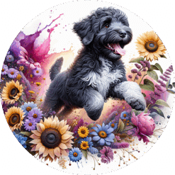 Portuguese Water Dog in Flowers Round Earrings - Render