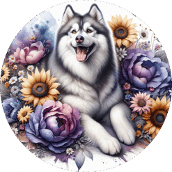 Siberian Husky in Flowers Round Earrings - Render