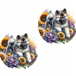 Akita in Flowers Ceramic Car Coaster Set - Front