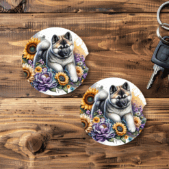 Akita in Flowers Ceramic Car Coaster Set - Main