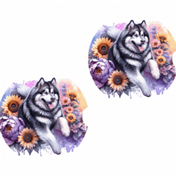 Alaskan Malamute in Flowers Ceramic Car Coaster Set - Front