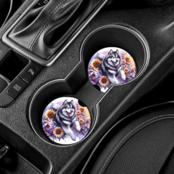 Alaskan Malamute in Flowers Ceramic Car Coaster Set - Lifestyle