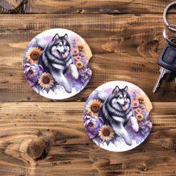 Alaskan Malamute in Flowers Ceramic Car Coaster Set - Main