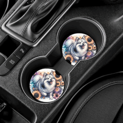 American Eskimo Dog in Flowers Ceramic Car Coaster Set - Lifestyle