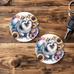 American Eskimo Dog in Flowers Ceramic Car Coaster Set - Main