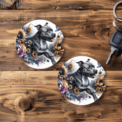 American Staffordshire Terrier in Flowers Ceramic Car Coaster Set - Main