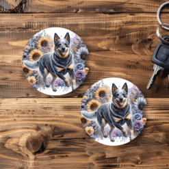 Australian Cattle Dog in Flowers Ceramic Car Coaster Set - Main