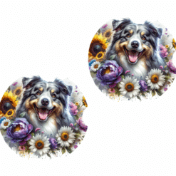 Australian Shepherd in Flowers Ceramic Car Coaster Set - Front
