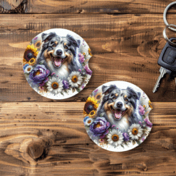 Australian Shepherd in Flowers Ceramic Car Coaster Set - Main