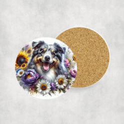 Australian Shepherd in Flowers Ceramic Coaster - Lifestyle