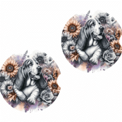 Basset Hound in Flowers Ceramic Car Coaster Set - Front