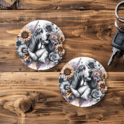 Basset Hound in Flowers Ceramic Car Coaster Set - Main