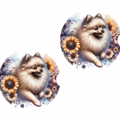 Beige Pomeranian in Flowers Ceramic Car Coaster Set - Front