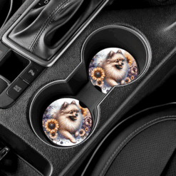 Beige Pomeranian in Flowers Ceramic Car Coaster Set - Lifestyle