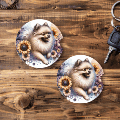 Beige Pomeranian in Flowers Ceramic Car Coaster Set - Main