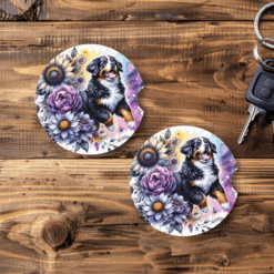 Bernese Mountain Dog in Flowers Ceramic Car Coaster Set - Main