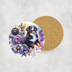 Bernese Mountain Dog in Flowers Ceramic Coaster - Lifestyle