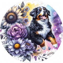 Bernese Mountain Dog in Flowers Ceramic Coaster - Render