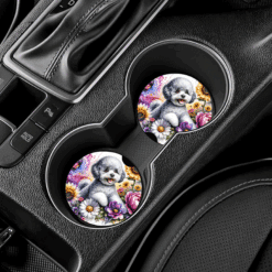 Bichon Frise in Flowers Ceramic Car Coaster Set - Lifestyle