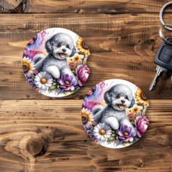 Bichon Frise in Flowers Ceramic Car Coaster Set - Main