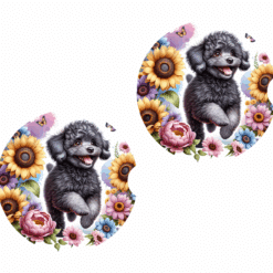 Black Poodle in Flowers Ceramic Car Coaster Set - Front