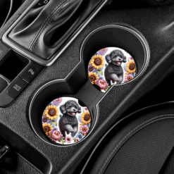 Black Poodle in Flowers Ceramic Car Coaster Set - Lifestyle