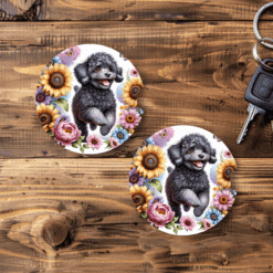 Black Poodle in Flowers Ceramic Car Coaster Set - Main