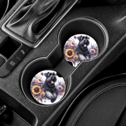 Black Russian Terrier in Flowers Ceramic Car Coaster Set - Lifestyle