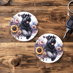 Black Russian Terrier in Flowers Ceramic Car Coaster Set - Main