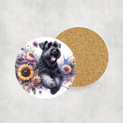 Black Russian Terrier in Flowers Ceramic Coaster - Lifestyle