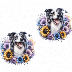 Border Collie in Flowers Ceramic Car Coaster Set - Front
